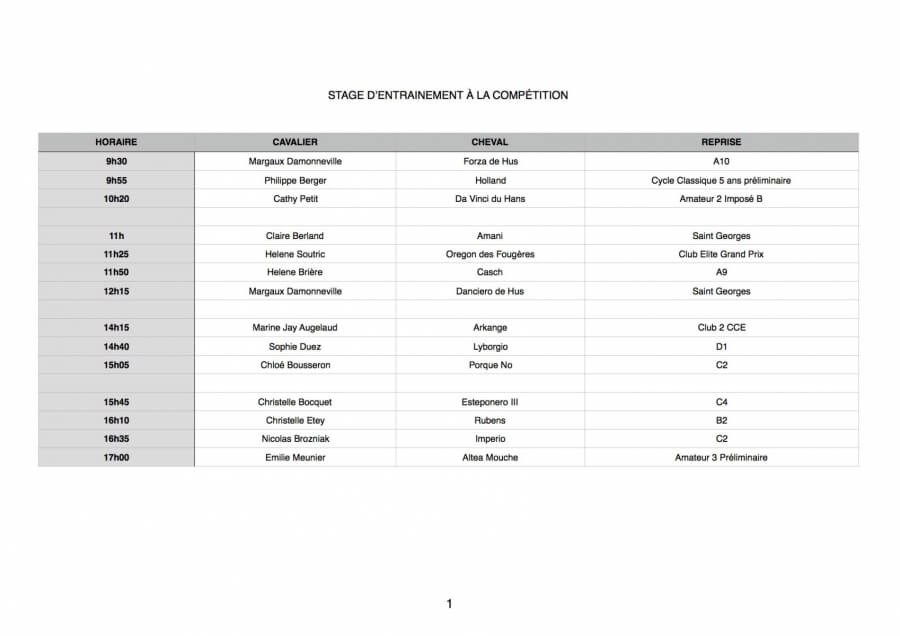 Horaires stage d'entrainement dimanche 12