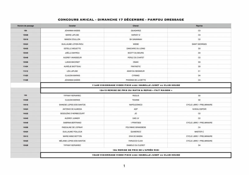 Horaires concours amical dimanche 17 décembre